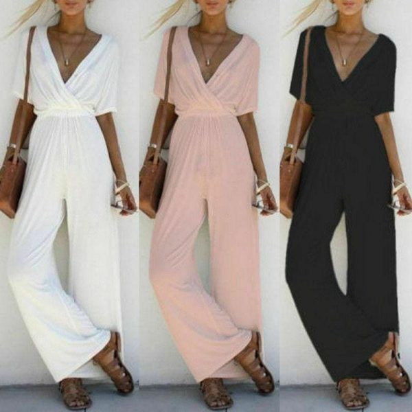 The Best New Fashion Summer Casual Women V Neck Loose Playsuit Party Ladies Romper Solid Short Sleeve V Neck Long Jumpsuit Online - Source Silk