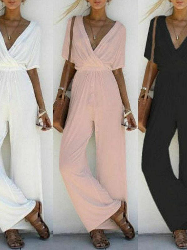 The Best New Fashion Summer Casual Women V Neck Loose Playsuit Party Ladies Romper Solid Short Sleeve V Neck Long Jumpsuit Online - Source Silk