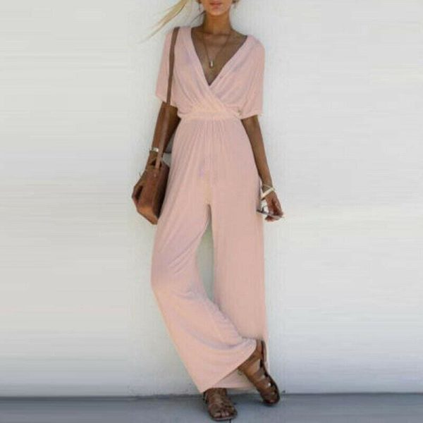 The Best New Fashion Summer Casual Women V Neck Loose Playsuit Party Ladies Romper Solid Short Sleeve V Neck Long Jumpsuit Online - Source Silk