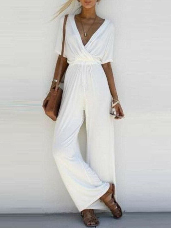 The Best New Fashion Summer Casual Women V Neck Loose Playsuit Party Ladies Romper Solid Short Sleeve V Neck Long Jumpsuit Online - Source Silk