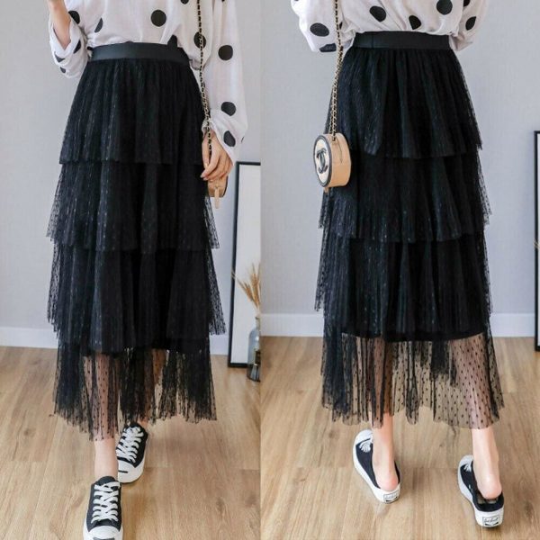 The Best New Fashion Summer Women Dot Lace Tiered High Waist Beach Long Skirt Sundress Cake Tulle Skirt Party Ball Gown Online - Source Silk