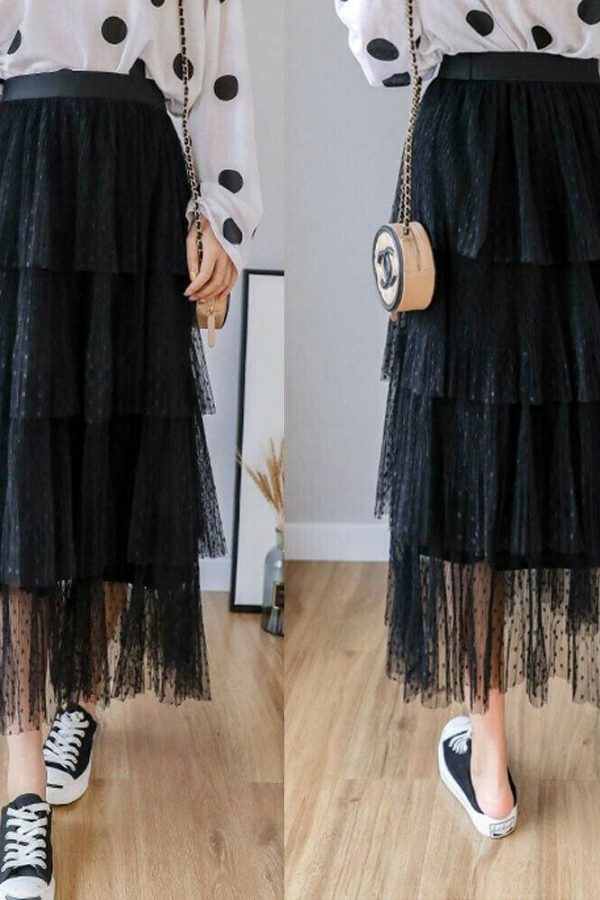 The Best New Fashion Summer Women Dot Lace Tiered High Waist Beach Long Skirt Sundress Cake Tulle Skirt Party Ball Gown Online - Source Silk