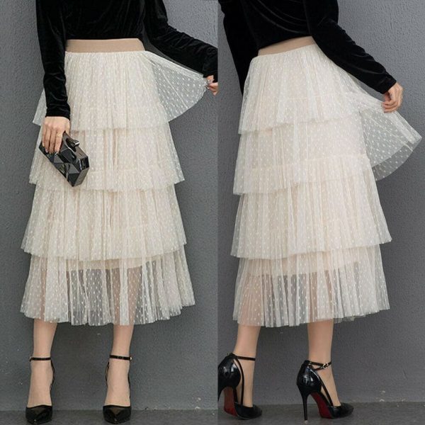 The Best New Fashion Summer Women Dot Lace Tiered High Waist Beach Long Skirt Sundress Cake Tulle Skirt Party Ball Gown Online - Source Silk