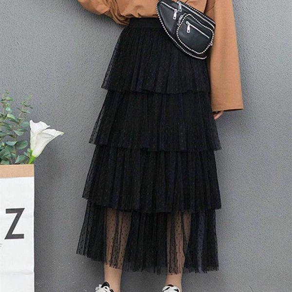 The Best New Fashion Summer Women Dot Lace Tiered High Waist Beach Long Skirt Sundress Cake Tulle Skirt Party Ball Gown Online - Source Silk