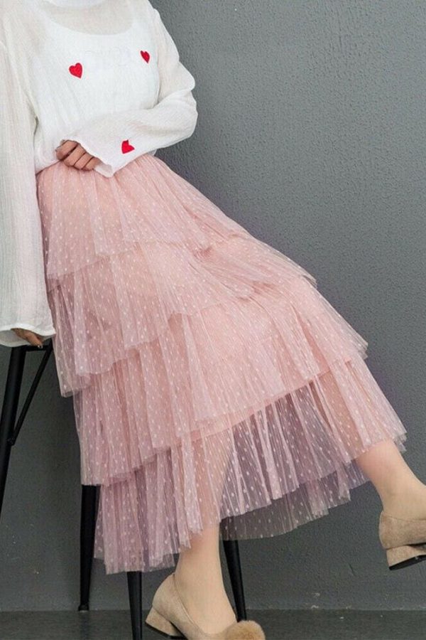 The Best New Fashion Summer Women Dot Lace Tiered High Waist Beach Long Skirt Sundress Cake Tulle Skirt Party Ball Gown Online - Source Silk