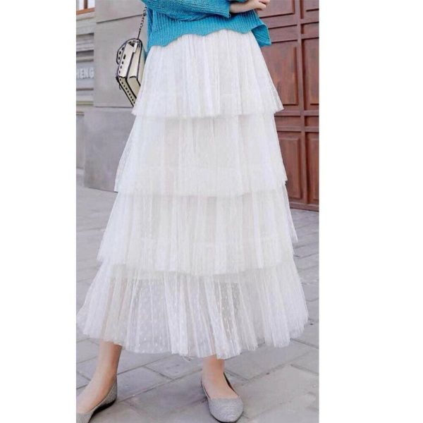 The Best New Fashion Summer Women Dot Lace Tiered High Waist Beach Long Skirt Sundress Cake Tulle Skirt Party Ball Gown Online - Source Silk