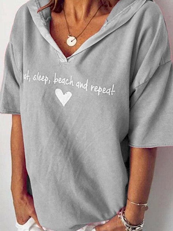 The Best New Fashion T Shirt Summer Women Heart Printed Loose Tops Ladies Casual Short Sleeve V Neck Pullover Hooded Tee Outwear Online - Source Silk