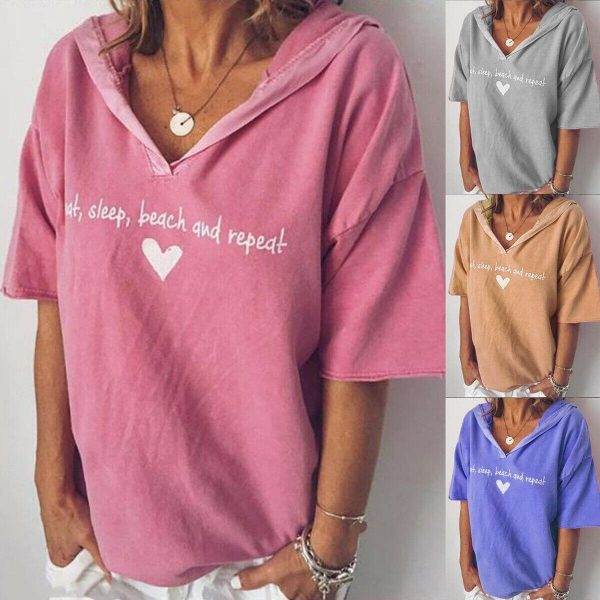 The Best New Fashion T Shirt Summer Women Heart Printed Loose Tops Ladies Casual Short Sleeve V Neck Pullover Hooded Tee Outwear Online - Source Silk