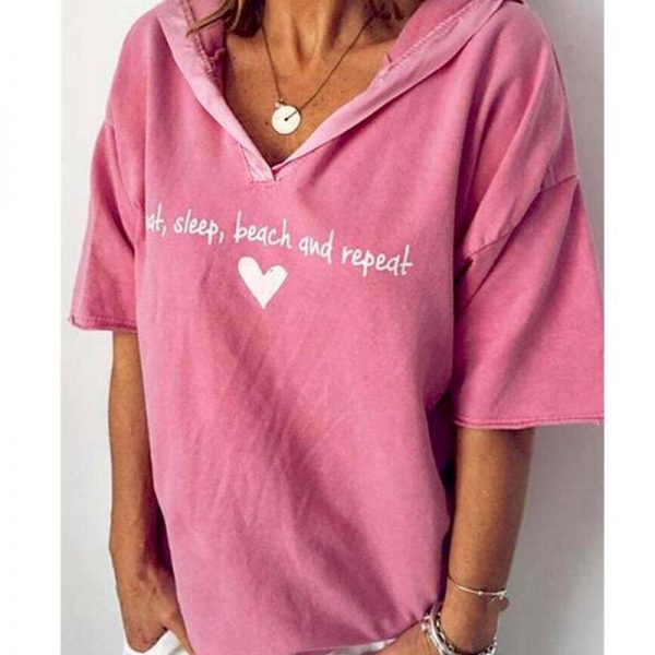 The Best New Fashion T Shirt Summer Women Heart Printed Loose Tops Ladies Casual Short Sleeve V Neck Pullover Hooded Tee Outwear Online - Source Silk