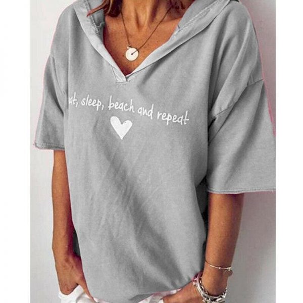 The Best New Fashion T Shirt Summer Women Heart Printed Loose Tops Ladies Casual Short Sleeve V Neck Pullover Hooded Tee Outwear Online - Source Silk