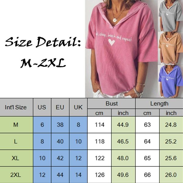 The Best New Fashion T Shirt Summer Women Heart Printed Loose Tops Ladies Casual Short Sleeve V Neck Pullover Hooded Tee Outwear Online - Source Silk