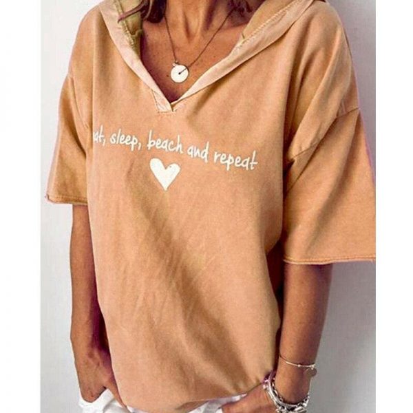 The Best New Fashion T Shirt Summer Women Heart Printed Loose Tops Ladies Casual Short Sleeve V Neck Pullover Hooded Tee Outwear Online - Source Silk