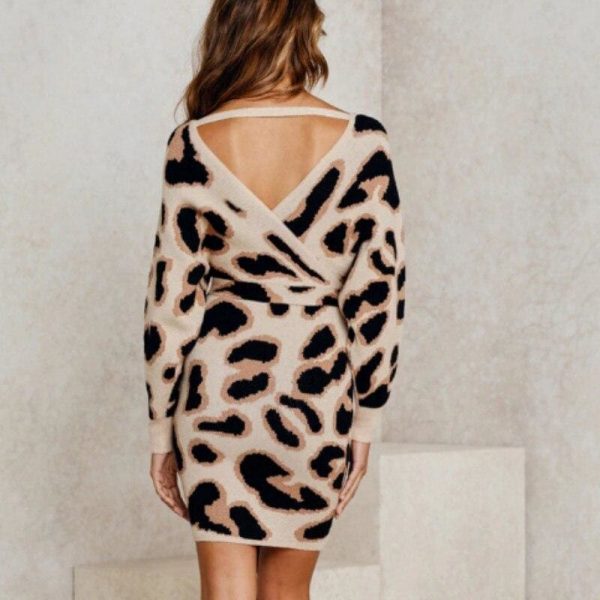 The Best New Fashion Women Autumn Elegant Leopard Bodycon Dress Long Sleeve V-neck Backless Casual Vintage Dress Online - Source Silk