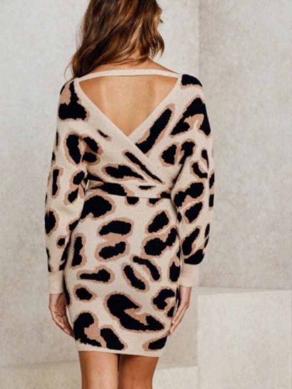 The Best New Fashion Women Autumn Elegant Leopard Bodycon Dress Long Sleeve V-neck Backless Casual Vintage Dress Online - Source Silk