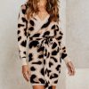 The Best New Fashion Women Autumn Elegant Leopard Bodycon Dress Long Sleeve V-neck Backless Casual Vintage Dress Online - Source Silk