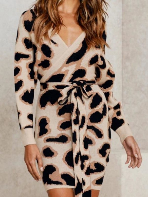 The Best New Fashion Women Autumn Elegant Leopard Bodycon Dress Long Sleeve V-neck Backless Casual Vintage Dress Online - Source Silk