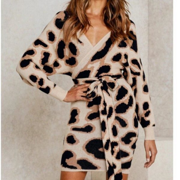 The Best New Fashion Women Autumn Elegant Leopard Bodycon Dress Long Sleeve V-neck Backless Casual Vintage Dress Online - Source Silk