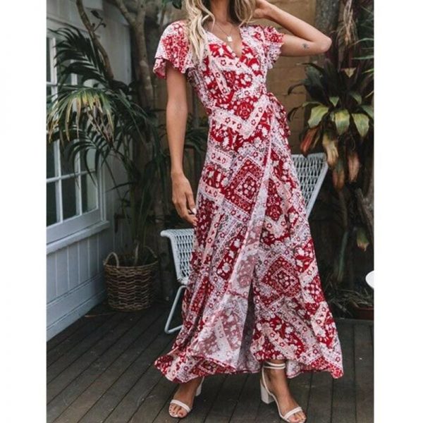 The Best New Fashion Women Boho Floral Short Sleeve High Waist Midi Dress Summer V-Neck Beach Holiday Sundress Online - Source Silk