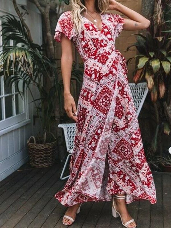 The Best New Fashion Women Boho Floral Short Sleeve High Waist Midi Dress Summer V-Neck Beach Holiday Sundress Online - Source Silk