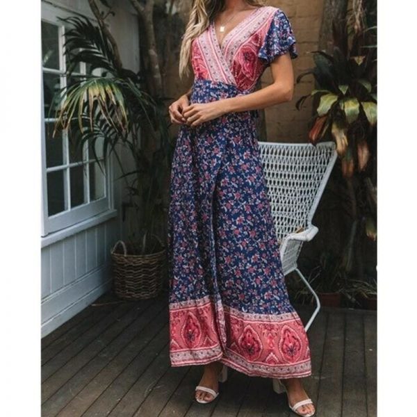 The Best New Fashion Women Boho Floral Short Sleeve High Waist Midi Dress Summer V-Neck Beach Holiday Sundress Online - Source Silk