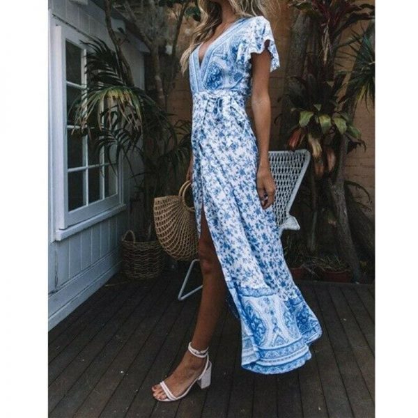 The Best New Fashion Women Boho Floral Short Sleeve High Waist Midi Dress Summer V-Neck Beach Holiday Sundress Online - Source Silk