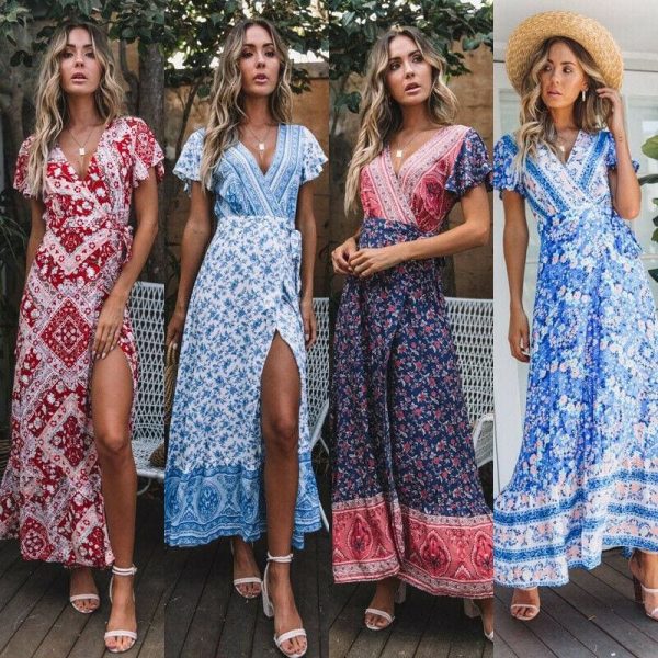 The Best New Fashion Women Boho Floral Short Sleeve High Waist Midi Dress Summer V-Neck Beach Holiday Sundress Online - Source Silk