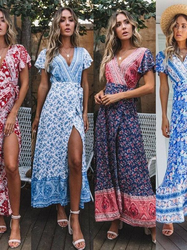 The Best New Fashion Women Boho Floral Short Sleeve High Waist Midi Dress Summer V-Neck Beach Holiday Sundress Online - Source Silk