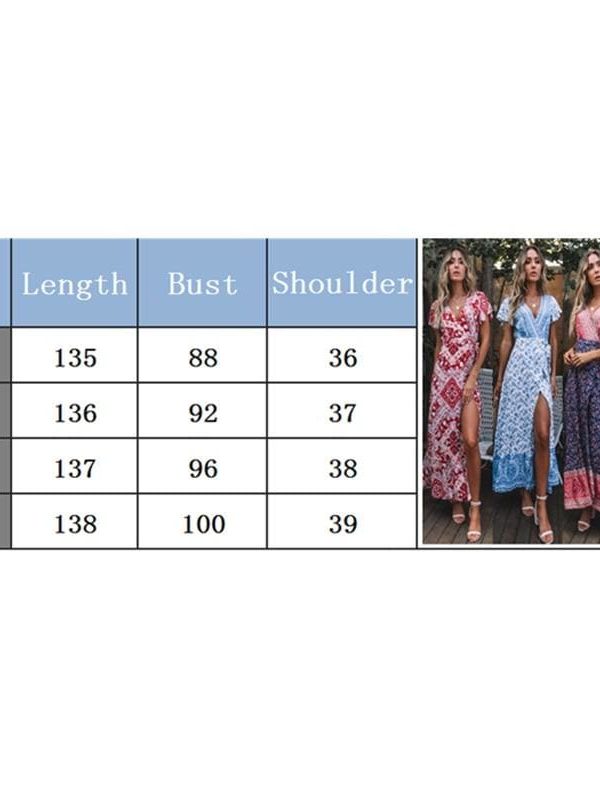 The Best New Fashion Women Boho Floral Short Sleeve High Waist Midi Dress Summer V-Neck Beach Holiday Sundress Online - Source Silk