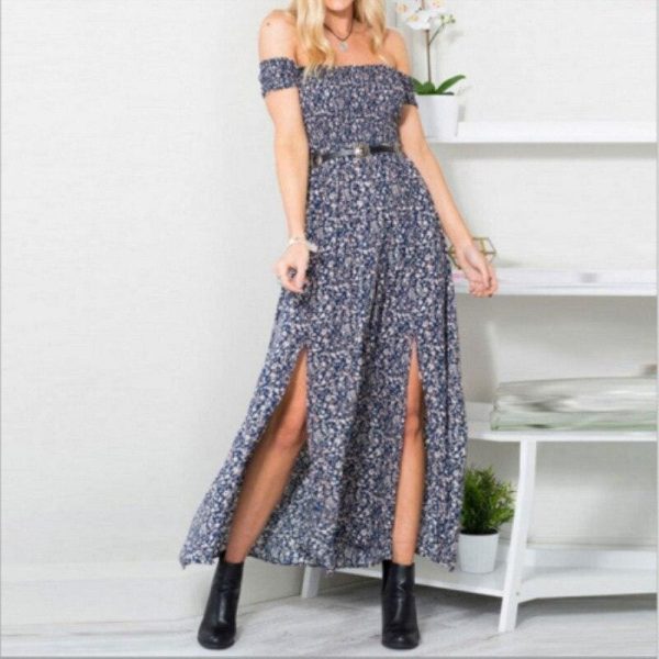 The Best New Fashion Women Boho Off shoulder High Waist Short Sleeve Maxi Dress Ladeis Summer Floral Beach Casual Long Sundress Online - Source Silk