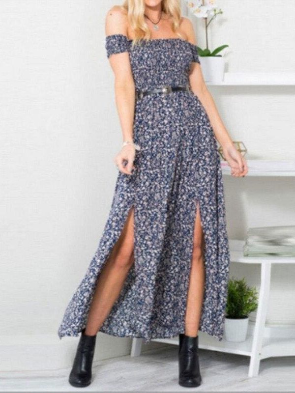 The Best New Fashion Women Boho Off shoulder High Waist Short Sleeve Maxi Dress Ladeis Summer Floral Beach Casual Long Sundress Online - Source Silk