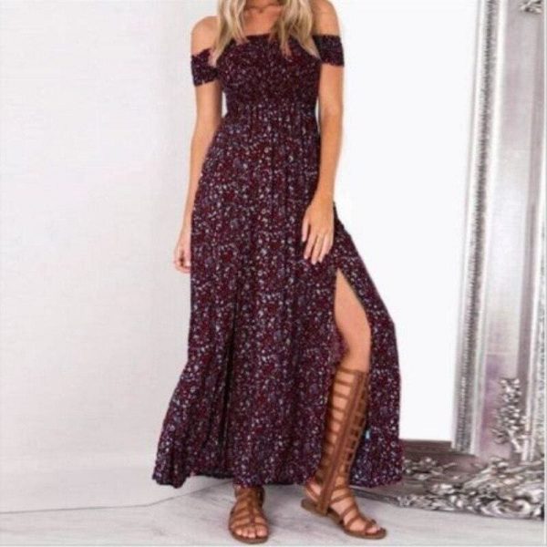 The Best New Fashion Women Boho Off shoulder High Waist Short Sleeve Maxi Dress Ladeis Summer Floral Beach Casual Long Sundress Online - Source Silk