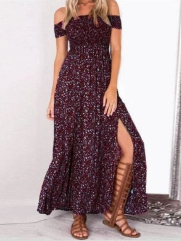 The Best New Fashion Women Boho Off shoulder High Waist Short Sleeve Maxi Dress Ladeis Summer Floral Beach Casual Long Sundress Online - Source Silk