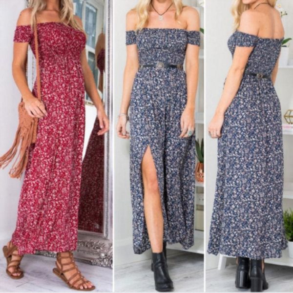 The Best New Fashion Women Boho Off shoulder High Waist Short Sleeve Maxi Dress Ladeis Summer Floral Beach Casual Long Sundress Online - Source Silk