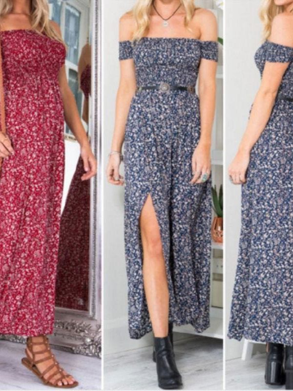 The Best New Fashion Women Boho Off shoulder High Waist Short Sleeve Maxi Dress Ladeis Summer Floral Beach Casual Long Sundress Online - Source Silk