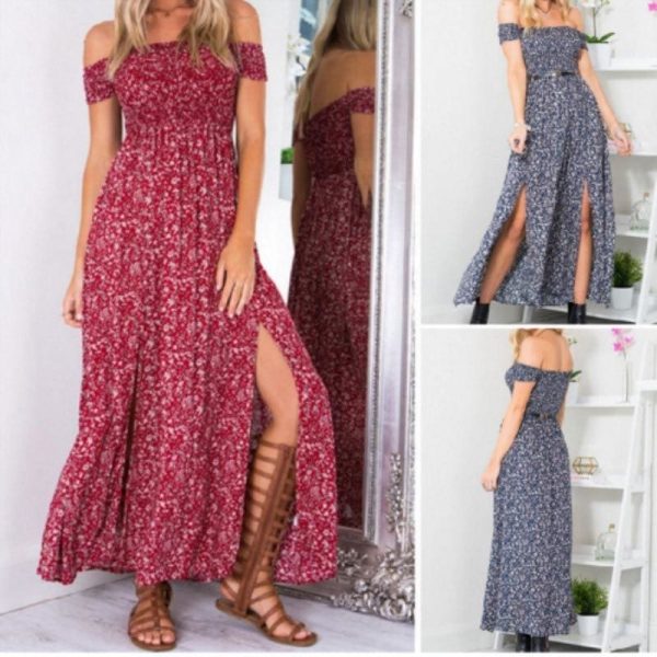 The Best New Fashion Women Boho Off shoulder High Waist Short Sleeve Maxi Dress Ladeis Summer Floral Beach Casual Long Sundress Online - Source Silk