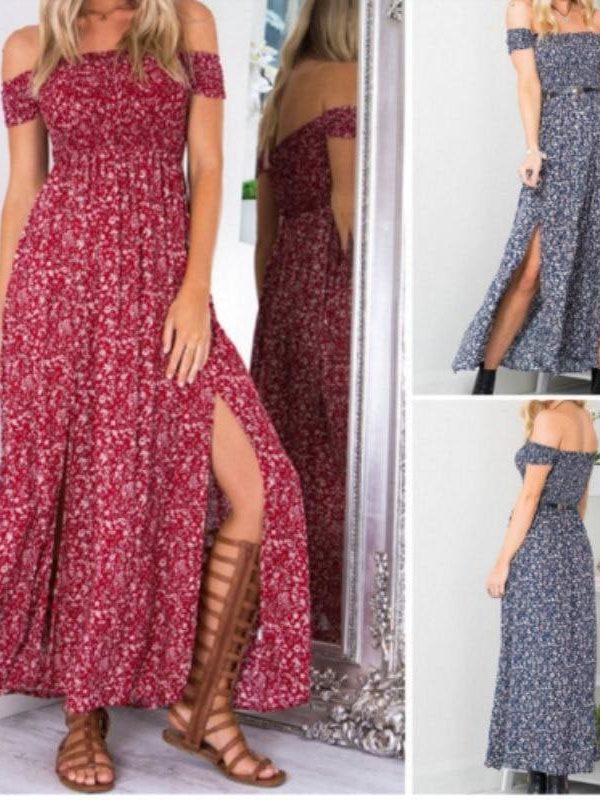 The Best New Fashion Women Boho Off shoulder High Waist Short Sleeve Maxi Dress Ladeis Summer Floral Beach Casual Long Sundress Online - Source Silk