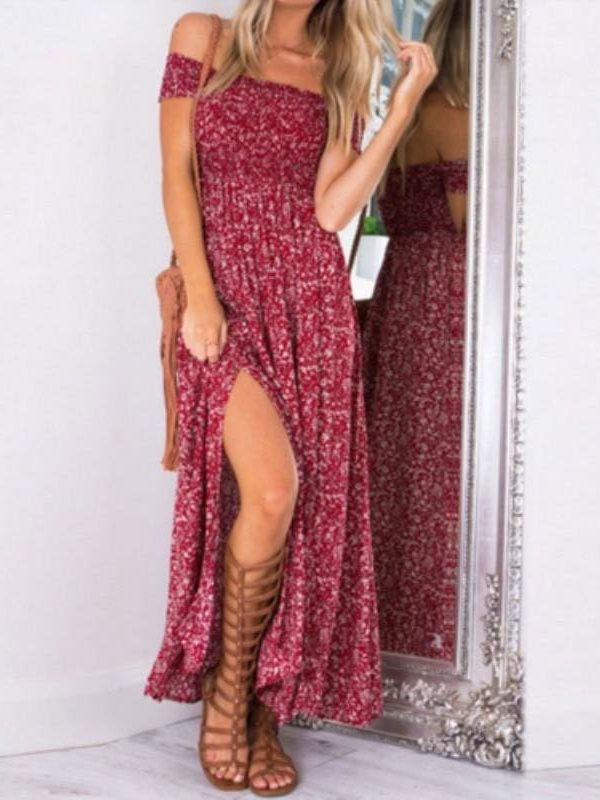 The Best New Fashion Women Boho Off shoulder High Waist Short Sleeve Maxi Dress Ladeis Summer Floral Beach Casual Long Sundress Online - Source Silk