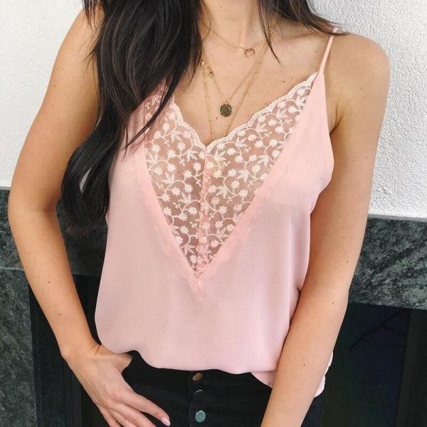 The Best New Fashion Women Casual Summer Tops Ladies Sexy Lace V-neck Top Sleeveless Blouse Tank Tops Shirt Women Clothes Online - Source Silk