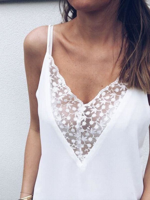 The Best New Fashion Women Casual Summer Tops Ladies Sexy Lace V-neck Top Sleeveless Blouse Tank Tops Shirt Women Clothes Online - Source Silk