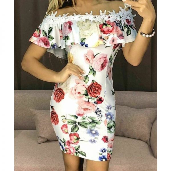 The Best New Fashion Women Dresses Floral Print Off Shoulder Dress Ruffles Slash neck Sexy Summer Beach Bodycon Mini Sundress Online - Source Silk