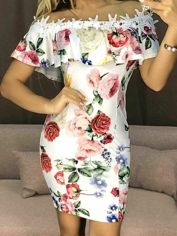 The Best New Fashion Women Dresses Floral Print Off Shoulder Dress Ruffles Slash neck Sexy Summer Beach Bodycon Mini Sundress Online - Source Silk