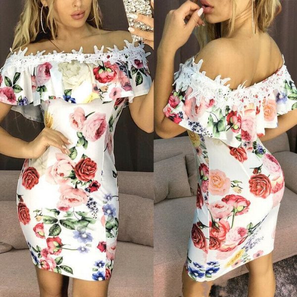 The Best New Fashion Women Dresses Floral Print Off Shoulder Dress Ruffles Slash neck Sexy Summer Beach Bodycon Mini Sundress Online - Source Silk