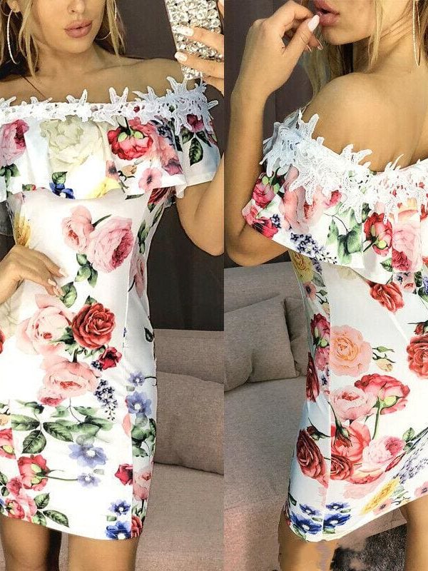 The Best New Fashion Women Dresses Floral Print Off Shoulder Dress Ruffles Slash neck Sexy Summer Beach Bodycon Mini Sundress Online - Source Silk