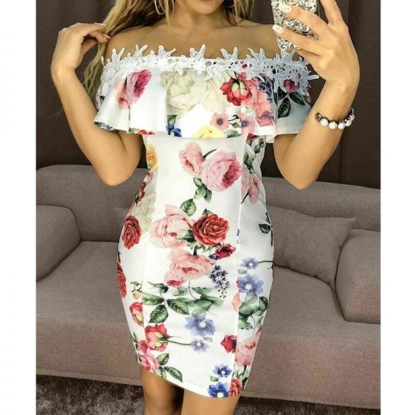 The Best New Fashion Women Dresses Floral Print Off Shoulder Dress Ruffles Slash neck Sexy Summer Beach Bodycon Mini Sundress Online - Source Silk