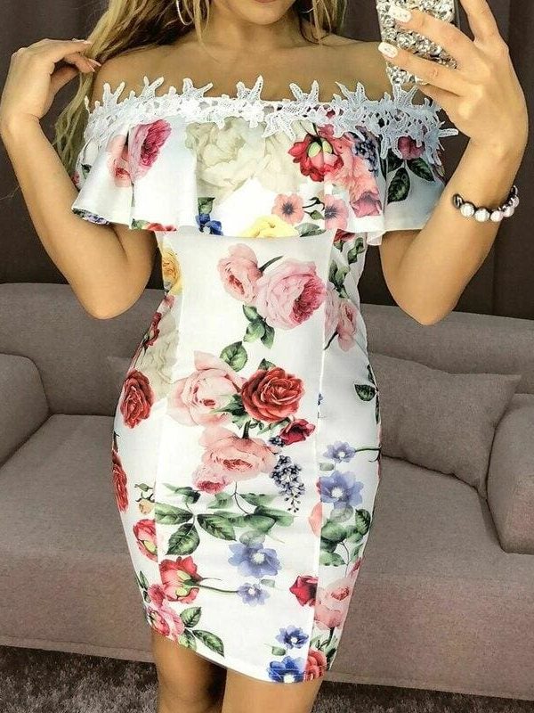 The Best New Fashion Women Dresses Floral Print Off Shoulder Dress Ruffles Slash neck Sexy Summer Beach Bodycon Mini Sundress Online - Source Silk