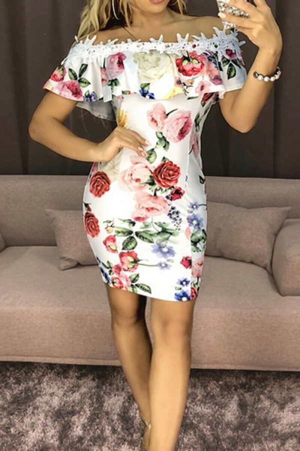 The Best New Fashion Women Dresses Floral Print Off Shoulder Dress Ruffles Slash neck Sexy Summer Beach Bodycon Mini Sundress Online - Source Silk