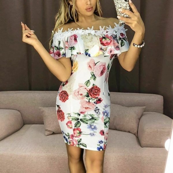 The Best New Fashion Women Dresses Floral Print Off Shoulder Dress Ruffles Slash neck Sexy Summer Beach Bodycon Mini Sundress Online - Source Silk