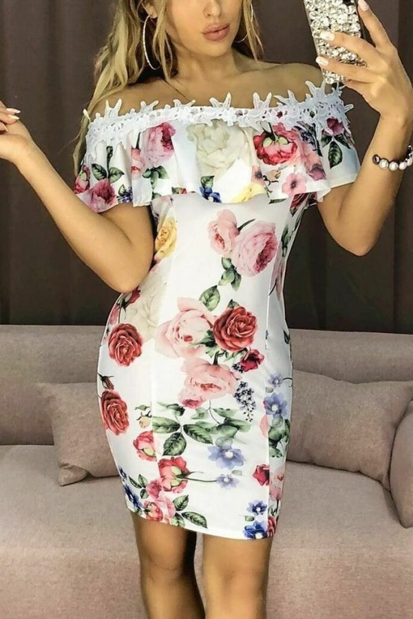 The Best New Fashion Women Dresses Floral Print Off Shoulder Dress Ruffles Slash neck Sexy Summer Beach Bodycon Mini Sundress Online - Source Silk