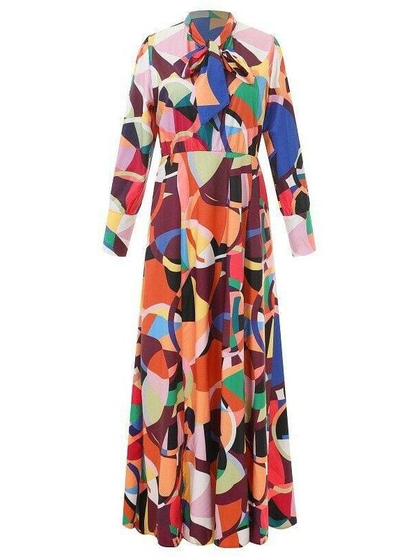 The Best New Fashion Women Geometric High Neck Long Maxi Dress Ladies Summer Autumn Long Sleeve Evening Party Dress Sundress Plus Size Online - Source Silk