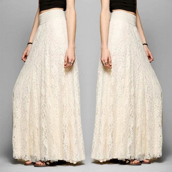 The Best New Fashion Women High Waist Beach Skirt Stretchy Double Lace Layer Chiffon Maxi Casual Long Skirt Summer Beach Sundress Online - Source Silk